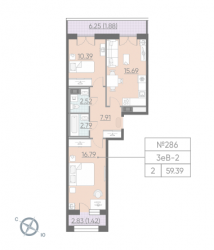Двухкомнатная квартира 59.39 м²