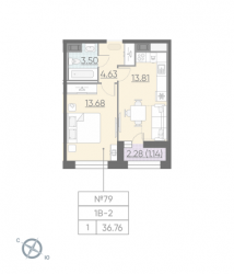 Однокомнатная квартира 36.76 м²