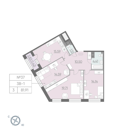 Трёхкомнатная квартира 81.91 м²