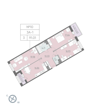 Трёхкомнатная квартира 91.01 м²