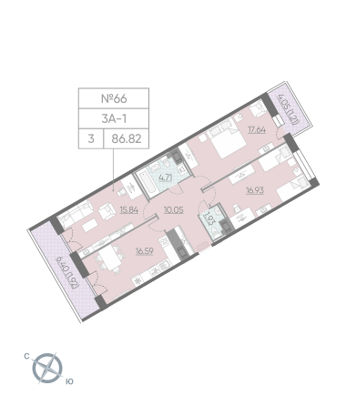 Трёхкомнатная квартира 86.82 м²