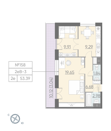 Однокомнатная квартира 53.39 м²
