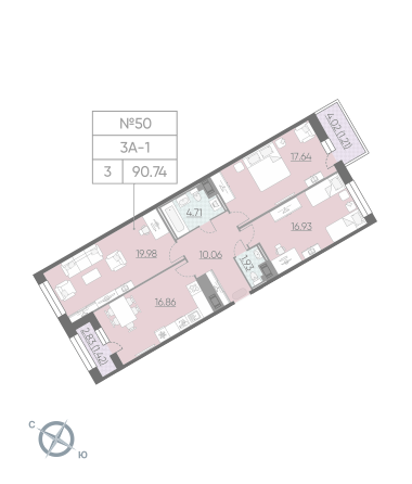 Трёхкомнатная квартира 90.74 м²