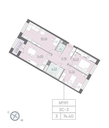 Трёхкомнатная квартира 74.4 м²