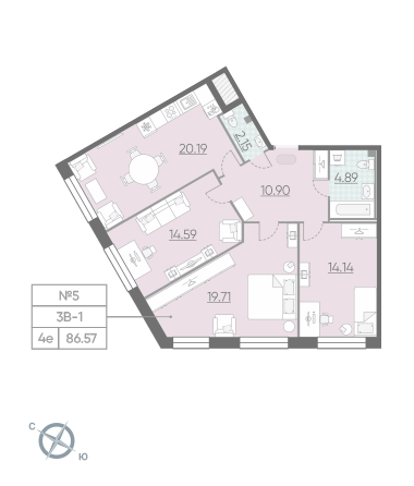 Трёхкомнатная квартира 86.57 м²