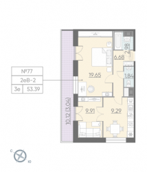 Однокомнатная квартира 53.39 м²