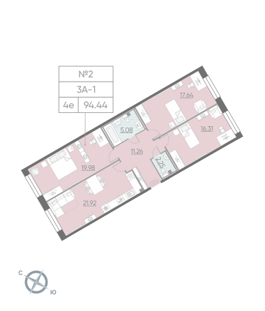 Трёхкомнатная квартира 94.44 м²