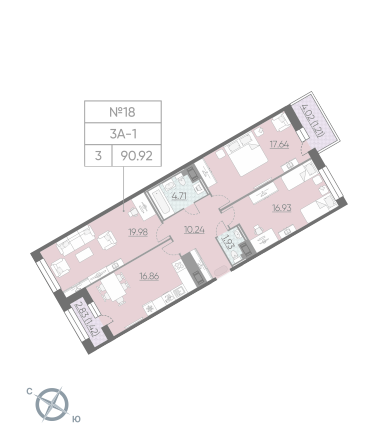 Трёхкомнатная квартира 90.92 м²